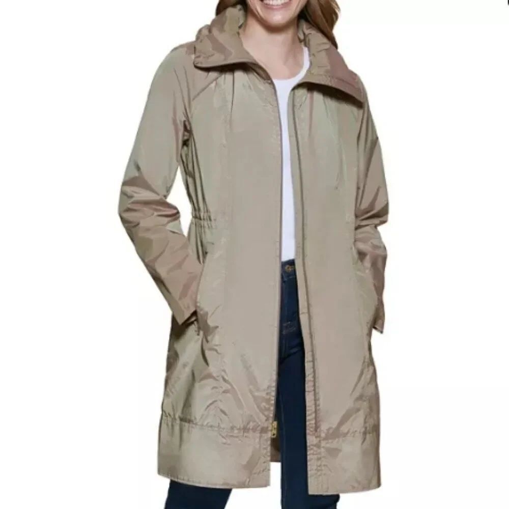 Like New! Cole Haan Light Gray Hooded Packable Rain Jacket Pockets Cinch Waist S
